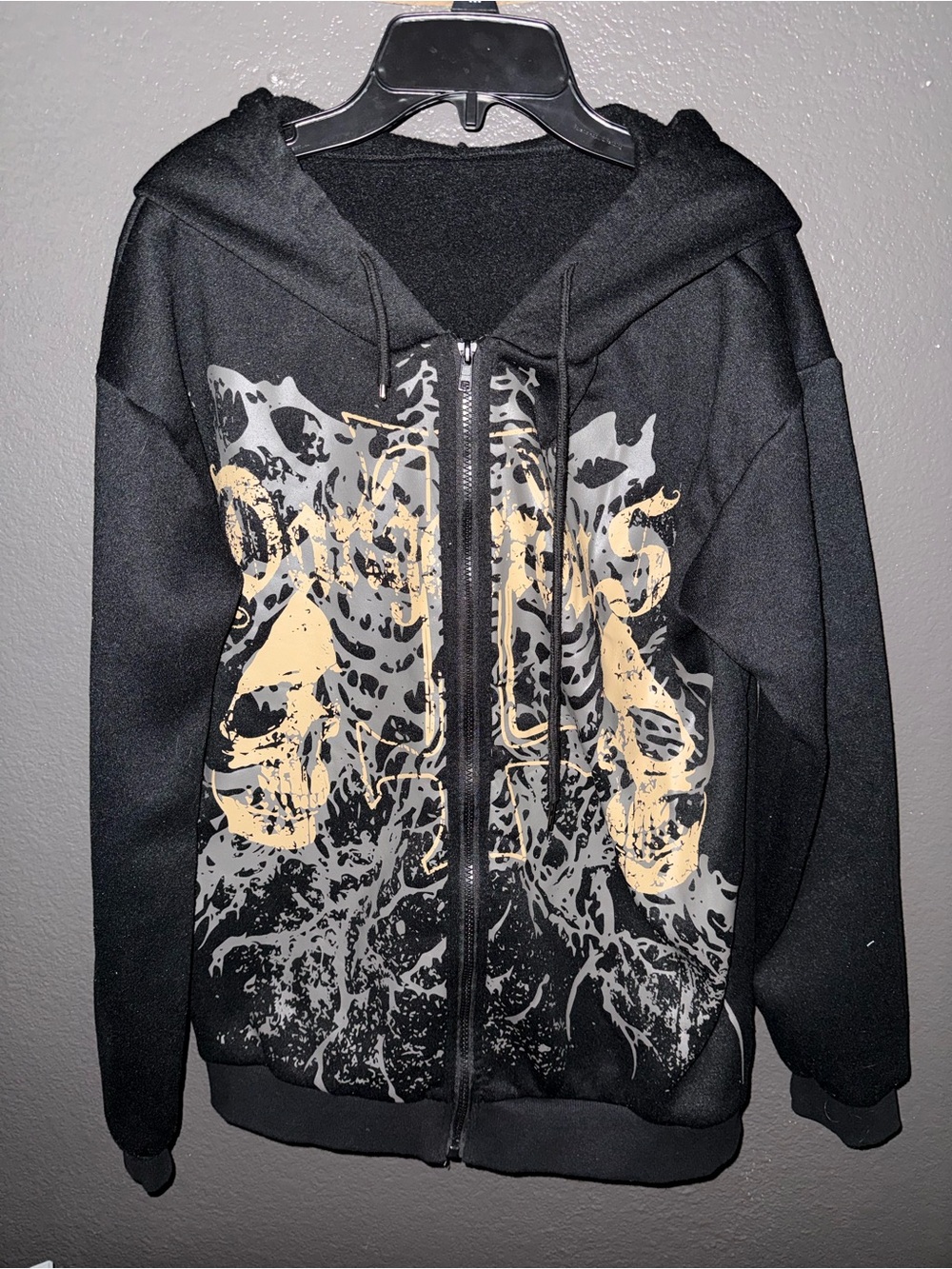 Men's Black Zip-Up Hoodie with Beige Skull Graphic